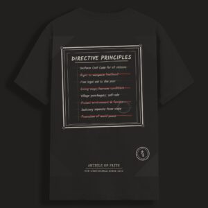 Directive Principles t-shirt in black, front view — typographic Constitution-style clause design in cream on black cotton