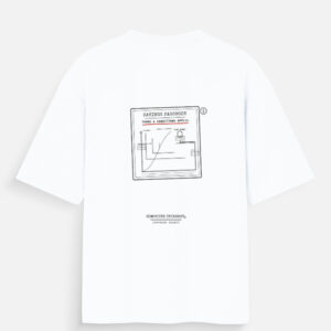 Compound Interest, Compound Regret oversized t-shirt in white, front view — fintech wordplay typographic design in dark ink on white cotton