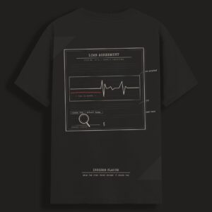 Insider Clause Fine Print t-shirt in black, front view — fintech fine-print typographic design in cream on black cotton