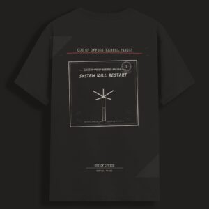 Kernel Panic Out of Office t-shirt in black, front view — developer error-message typographic design in cream on black cotton
