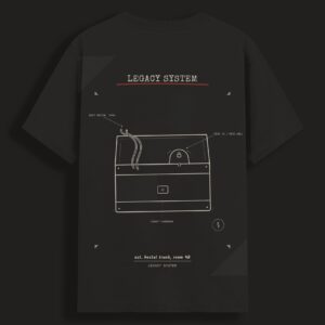 Legacy System Est. Room 4B t-shirt in black, front view — engineering nostalgia typographic design in cream on black cotton