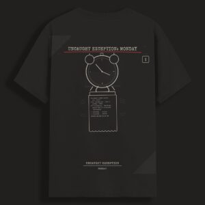 Uncaught Exception Monday t-shirt in black, front view — developer humour typographic design in cream on black cotton